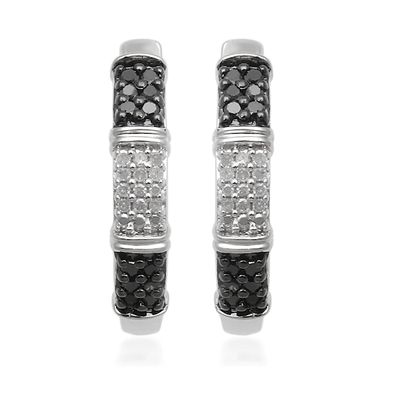 1/4 CT. T.w. Enhanced Black and White Diamond Block Pattern Hoop Earrings in Sterling Silver