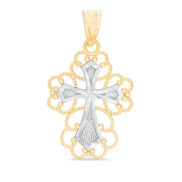 Filigree Cross Necklace Charm in 14K Two-Tone Gold