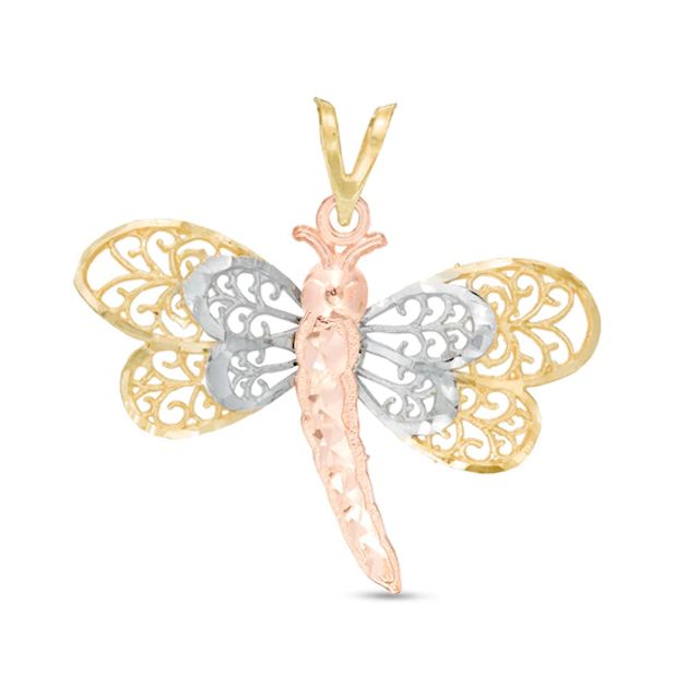 Diamond-Cut Filigree Dragonfly Necklace Charm in 14K Gold