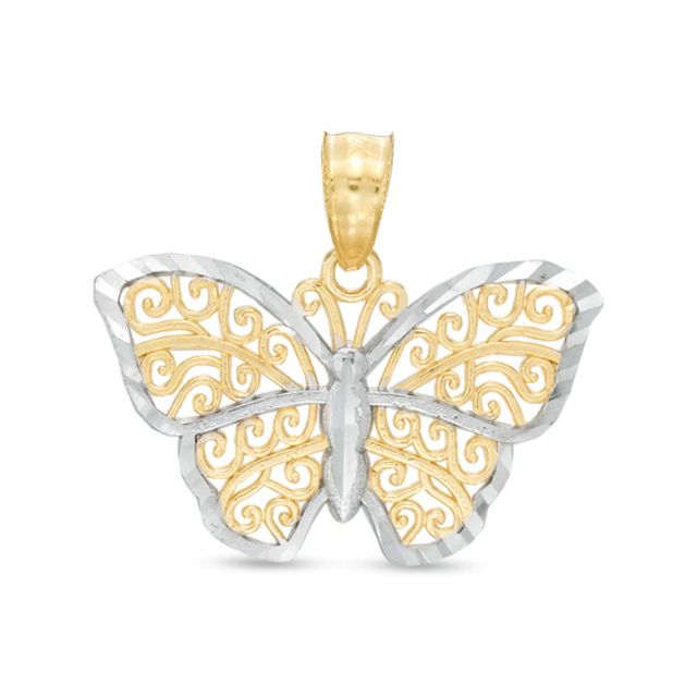 Diamond-Cut Filigree Butterfly Dangle Necklace Charm in 14K Gold