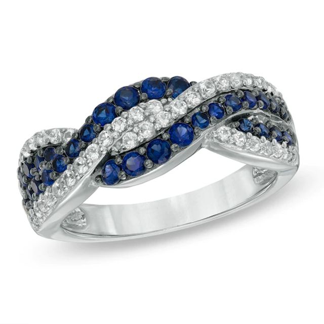 Lab-Created Blue and White Sapphire Twist Ring in Sterling Silver