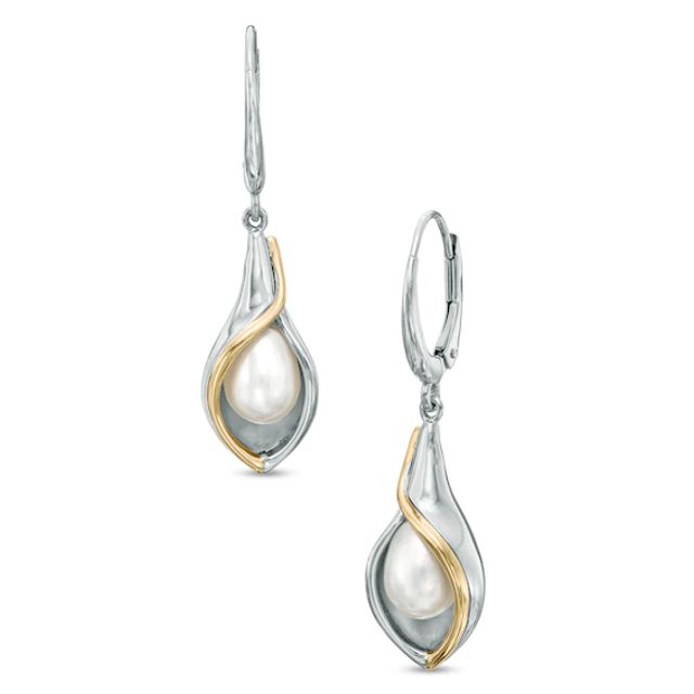 9.0 x 7.0mm Freshwater Cultured Pearl Calla Lily Drop Earrings in Sterling Silver and 14K Gold Plate