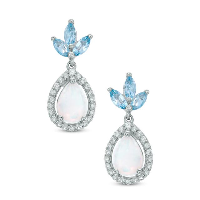 Pear-Shaped Lab-Created Opal, Blue Topaz and White Sapphire Drop Earrings in Sterling Silver