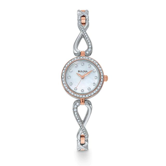 Ladies' Bulova Crystal Watch with Mother-of-Pearl Dial and Sideways Infinity Pendant Set (Model: 98X108)