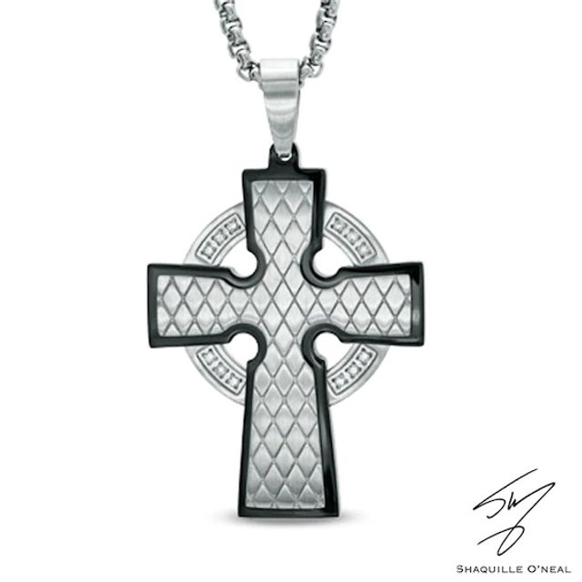 Men's 1/6 CT. T.w. Diamond Cross Pendant in Two-Tone Stainless Steel - 24"