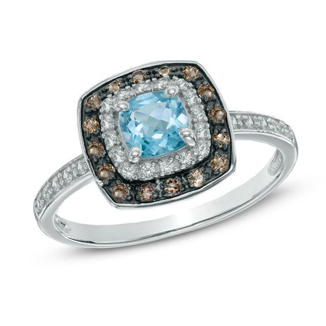 5.0mm Cushion-Cut Swiss Blue Topaz, Smoky Quartz and Lab-Created White Sapphire Frame Ring in Sterling Silver