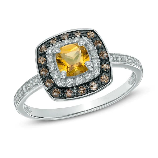 5.0mm Cushion-Cut Citrine, Smoky Quartz and Lab-Created White Sapphire Frame Ring in Sterling Silver