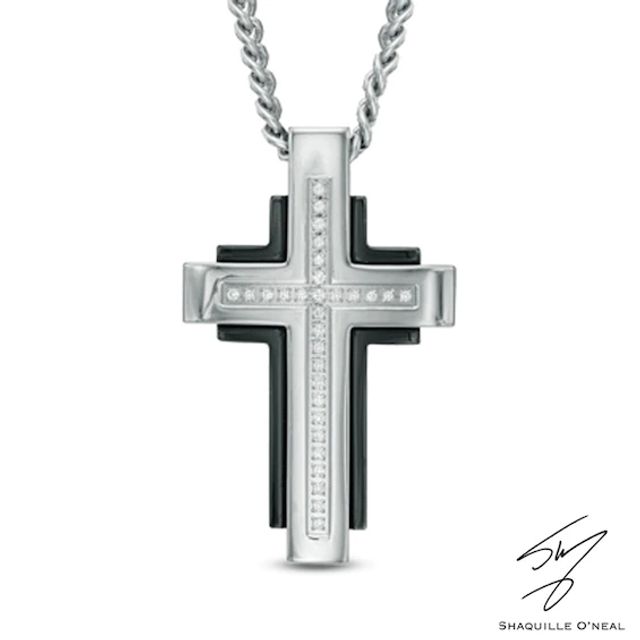 Men's Diamond Accent Cross Pendant in Two-Tone Stainless Steel - 24"