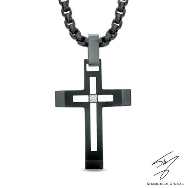 Men's Diamond Accent Cross Pendant in Black IP Stainless Steel - 24"