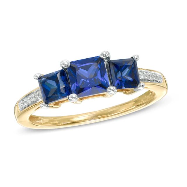 Princess-Cut Lab-Created Blue Sapphire and Diamond Accent Three Stone Ring in 10K Gold