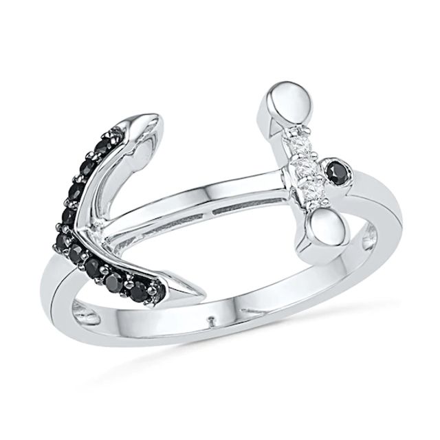 1/10 CT. T.w. Enhanced Black and White Diamond Sideways Anchor Ring in Sterling Silver