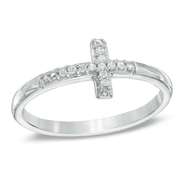 Diamond Accent Sideways Cross Midi Ring in Sterling Silver