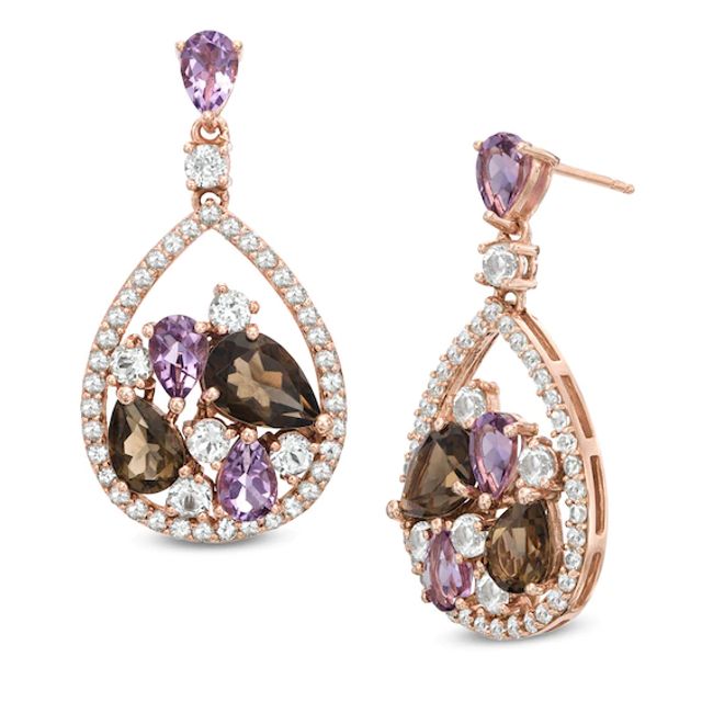 Rose de France Amethyst, Smoky Quartz and White Topaz Drop Earrings in Sterling Silver with 14K Rose Gold Plate