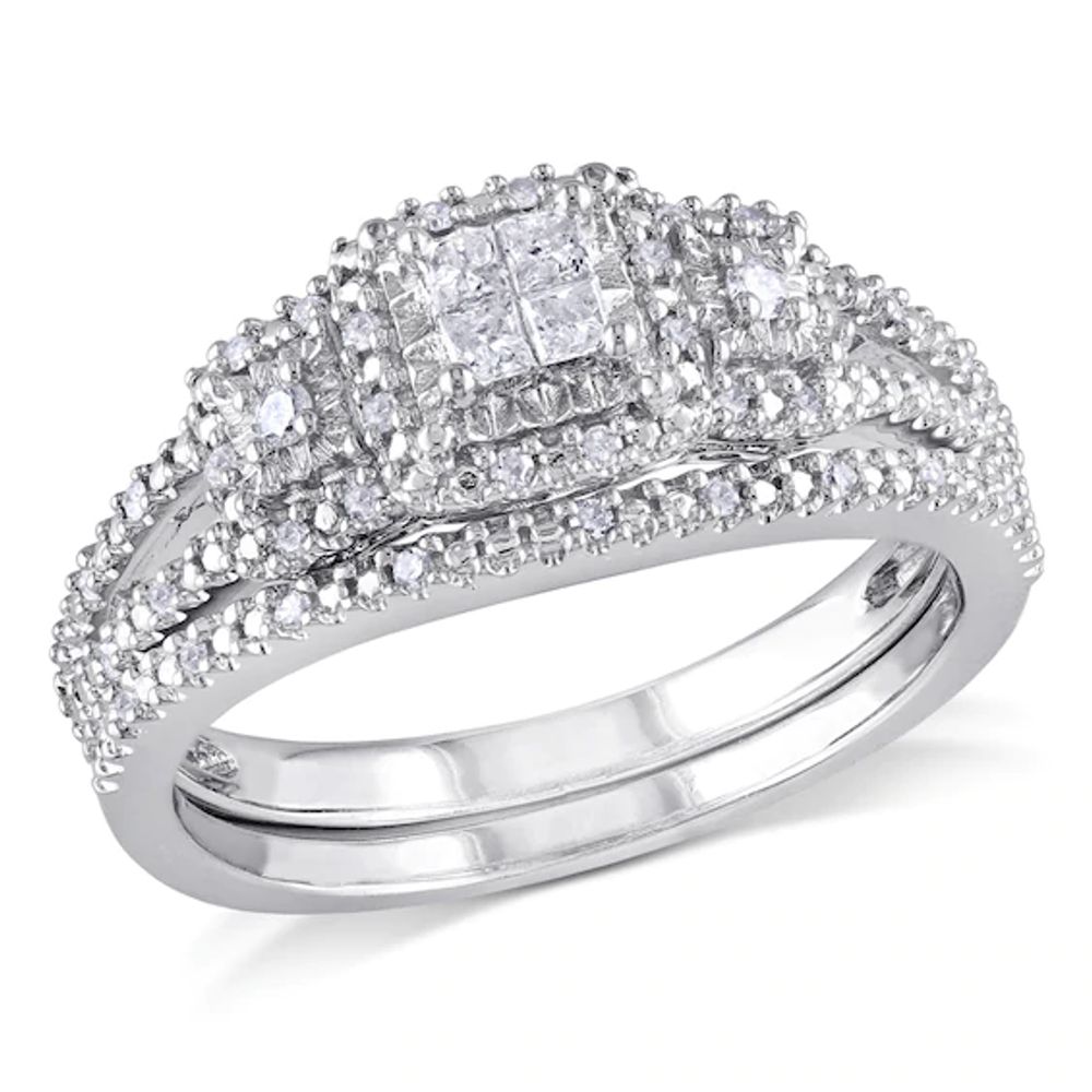 1/4 CT. T.w. Quad Princess-Cut Diamond Frame Bridal Set Sterling Silver