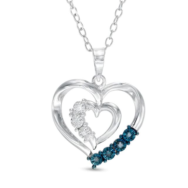 Enhanced Blue and White Diamond Accent Double Heart Pendant in Sterling Silver