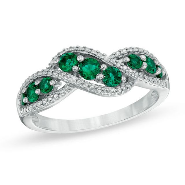 Lab-Created Emerald and Diamond Accent Wave Ring in 10K White Gold