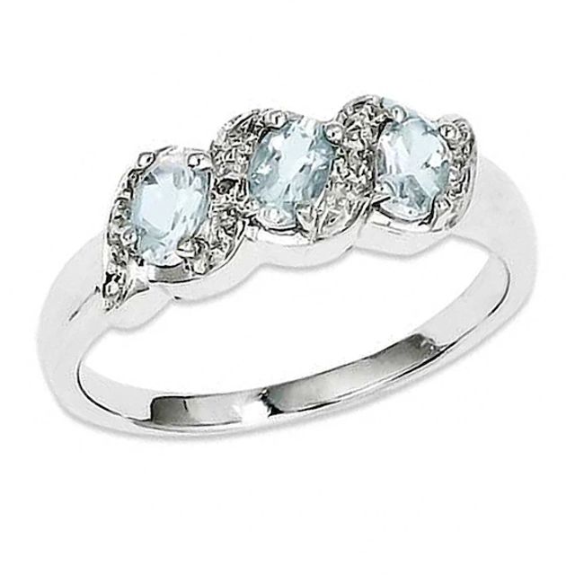 Oval Aquamarine and Diamond Accent Three Stone Ring in Sterling Silver - Size 7