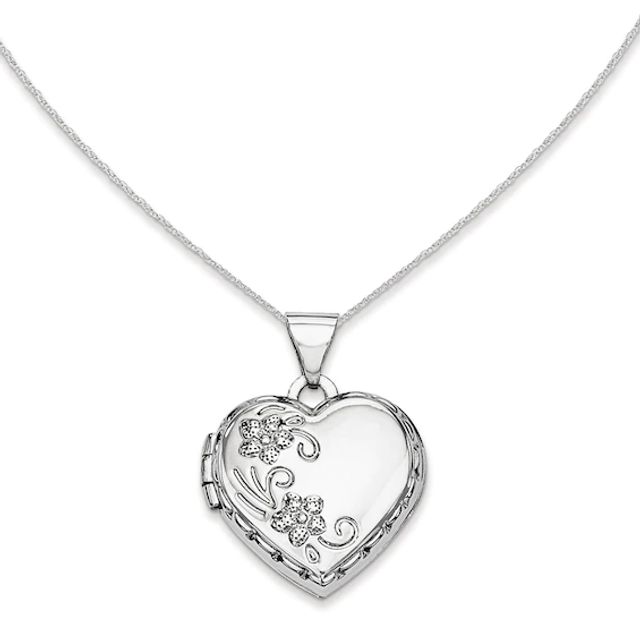 Floral Heart Locket in 14K White Gold