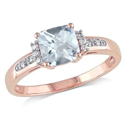6.0mm Cushion-Cut Aquamarine and Diamond Accent Engagement Ring 10K Rose Gold