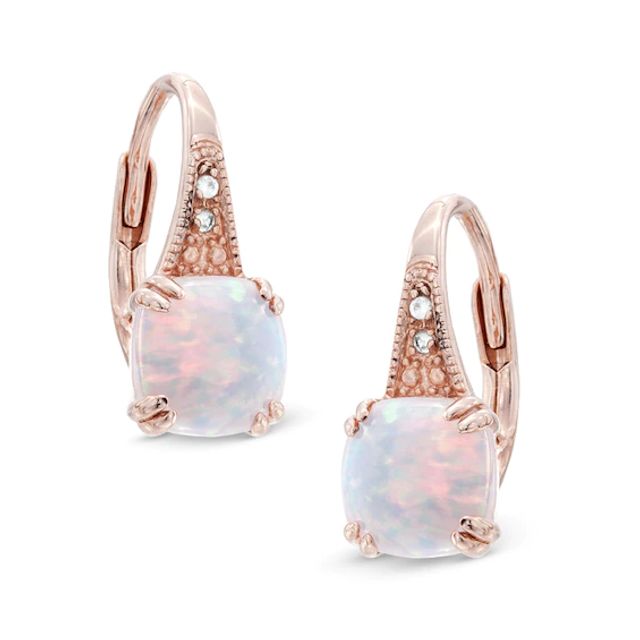 7.0mm Cushion-Cut Lab-Created Pink Opal and White Sapphire Drop Earrings in Sterling Silver with 14K Rose Gold Plate
