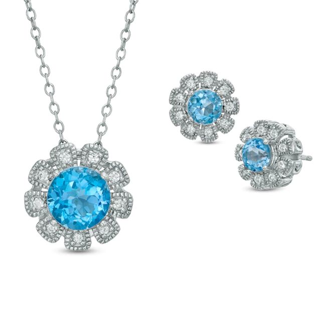 Swiss Blue Topaz and Lab-Created White Sapphire Flower Pendant and Stud Earrings Set in Sterling Silver