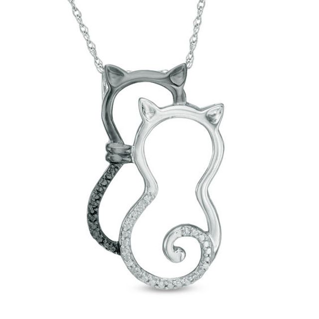 Enhanced Black and White Diamond Accent Double Cat Pendant in Sterling Silver with Black Rhodium