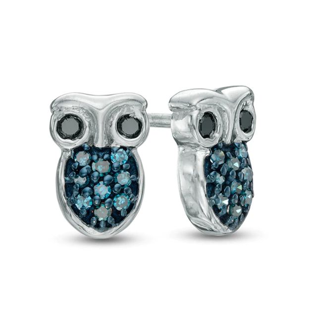 1/10 CT. T.w. Blue and Black Diamond Owl Stud Earrings in Sterling Silver