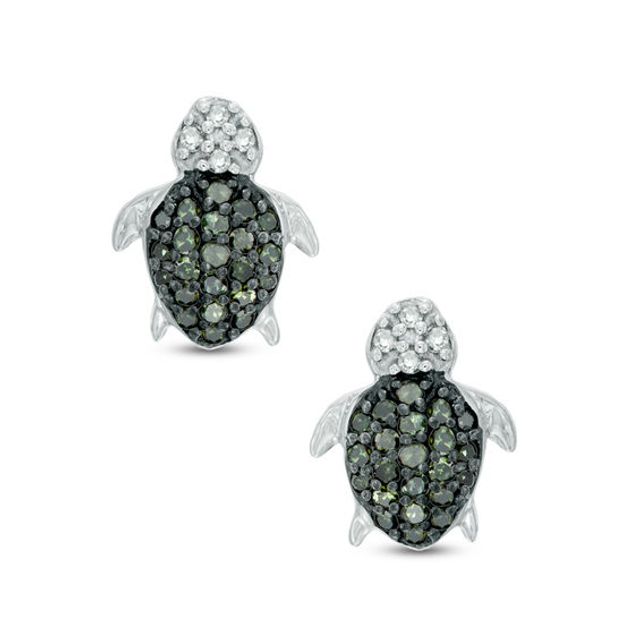 1/6 CT. T.w. Enhanced Green and White Diamond Turtle Stud Earrings in Sterling Silver