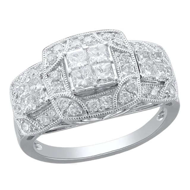 1-1/4 CT. T.w. Princess-Cut Quad Multi-Diamond Frame Three Stone Ring in 10K White Gold