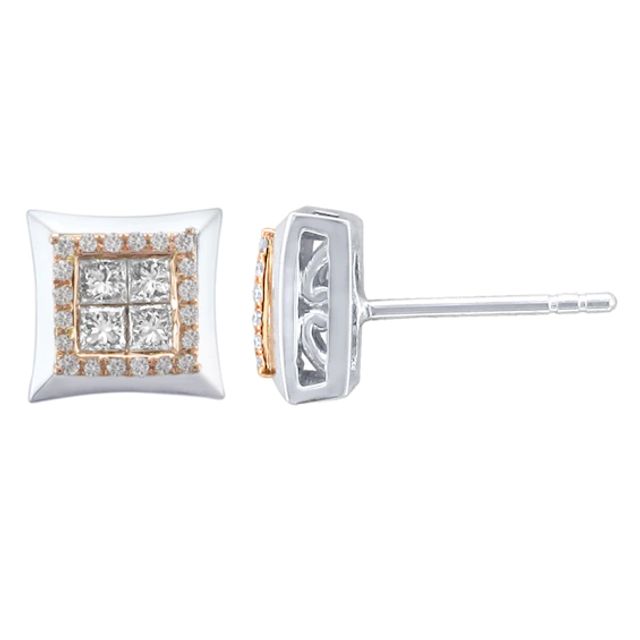 1/2 CT. T.w. Princess-Cut Quad Multi-Diamond Concave Square Stud Earrings in 10K Two-Tone Gold