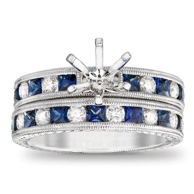 Princess-Cut Blue Sapphire and 1/2 CT. T.w. Diamond Semi-Mount Bridal Set in 14K White Gold