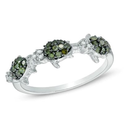 1/4 CT. T.w. Light Green and White Diamond Three Turtle Ring in Sterling Silver