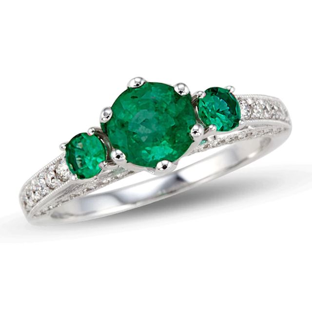 6.0mm Emerald and 3/8 CT. T.w. Diamond Engagement Three Stone Ring in 14K White Gold