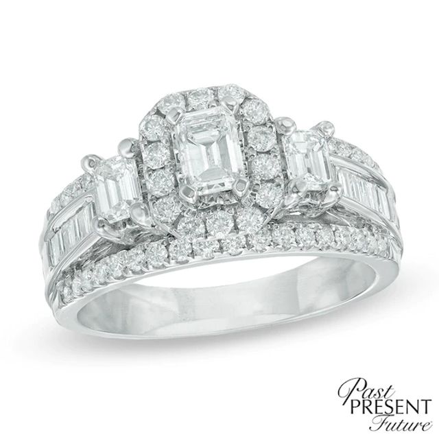 1-1/2 CT. T.w. Emerald-Cut Diamond Frame Past Present FutureÂ® Ring in 14K White Gold