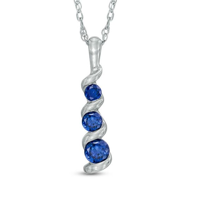 Lab-Created Blue Sapphire Three Stone Swirl Pendant in 10K White Gold