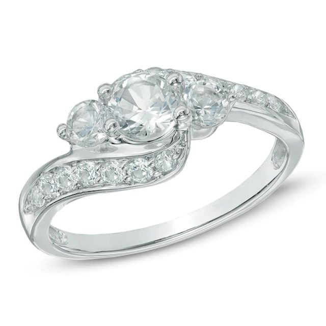 Lab-Created White Sapphire Three Stone Bypass Ring in 10K White Gold