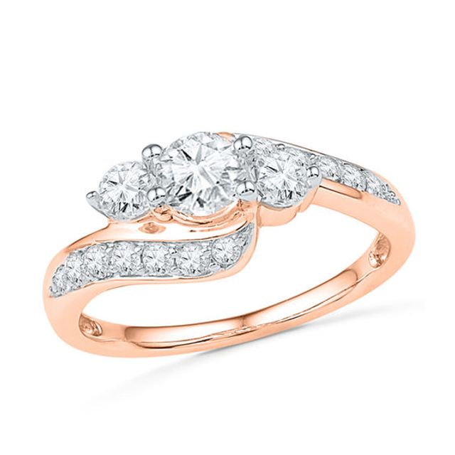 Lab-Created White Sapphire Three Stone Bypass Ring in 10K Rose Gold