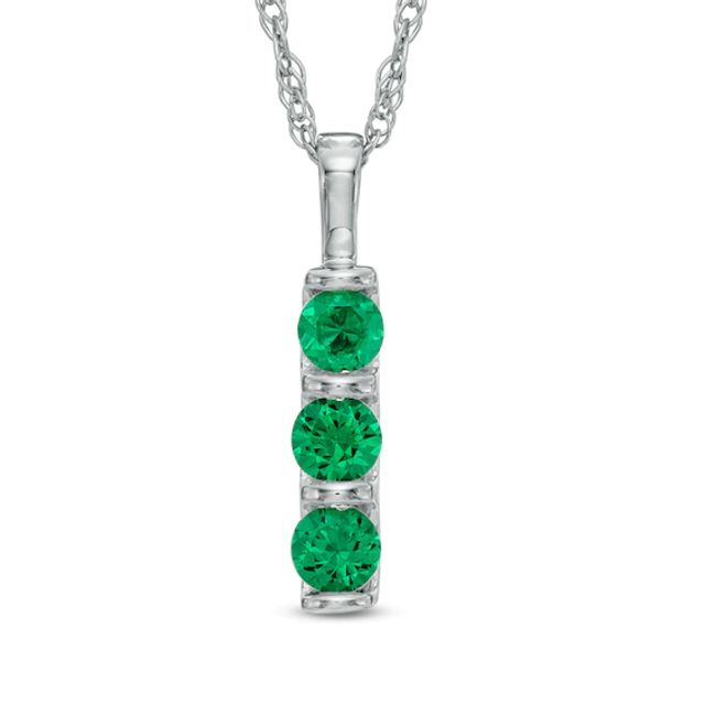 Lab-Created Emerald Three Stone Pendant in 10K White Gold