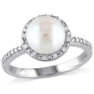 8.0-8.5mm Freshwater Cultured Pearl and 1/10 CT. T.w. Diamond Frame Ring in Sterling Silver