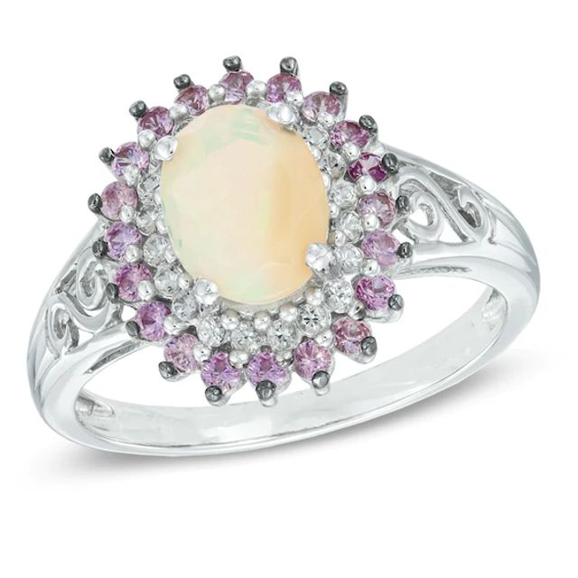 Oval Opal and Lab-Created Pink and White Sapphire Frame Ring in Sterling Silver