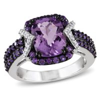 Cushion-Cut Amethyst and 1/6 CT. T.w. Diamond Ring Sterling Silver with Black Rhodium