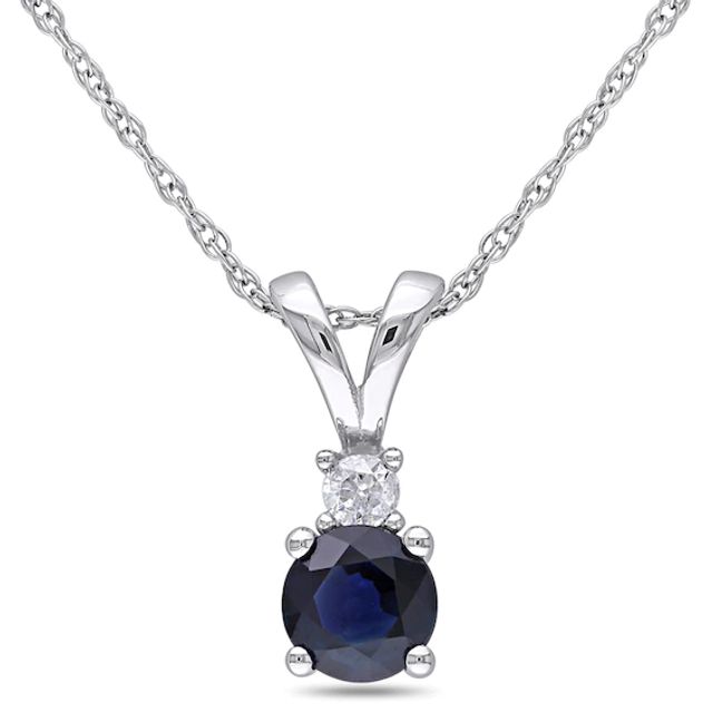 5.0mm Blue Sapphire and Diamond Accent Pendant in 10K White Gold - 17"