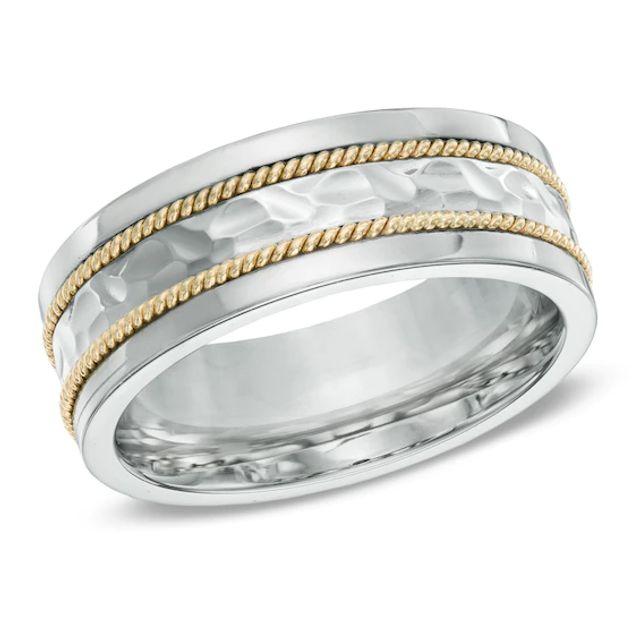 8.0mm Hammered Comfort Fit Rope Ring in Titanium and 10K Two-Tone Gold - Size 10