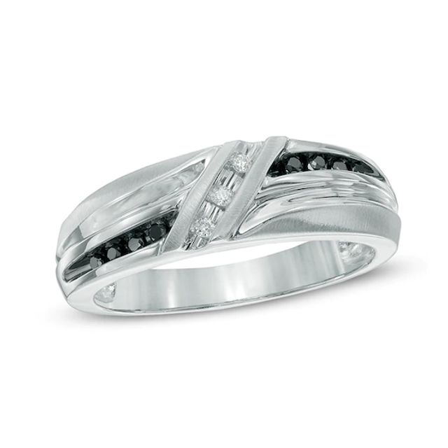 Men's 1/10 CT. T.w. Enhanced Black and White Diamond Wedding Band in 10K White Gold