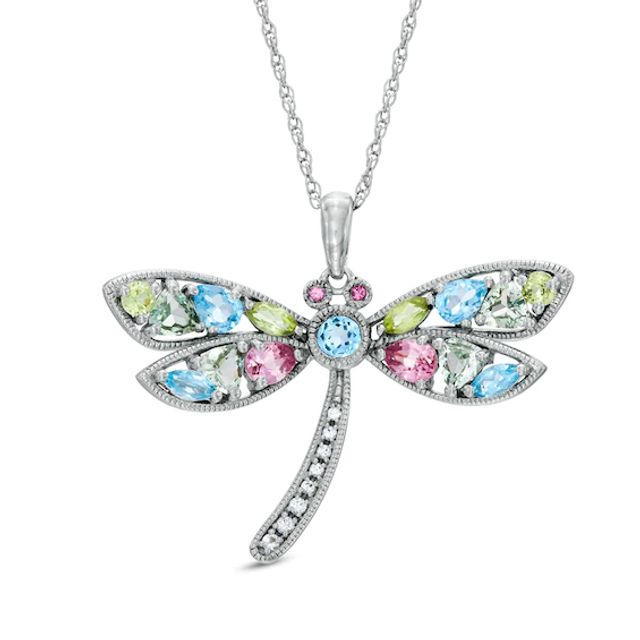 Multi-Gemstone Dragonfly Pendant in Sterling Silver