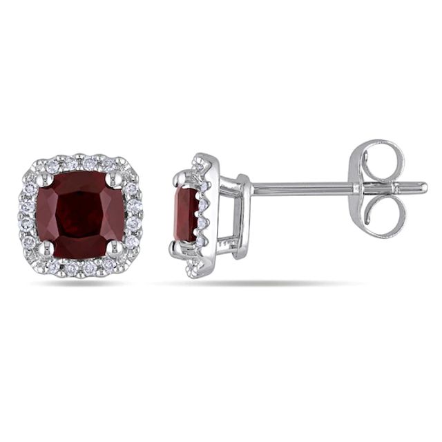 5.0mm Cushion-Cut Garnet and 1/10 CT. T.w. Diamond Stud Earrings in 10K White Gold