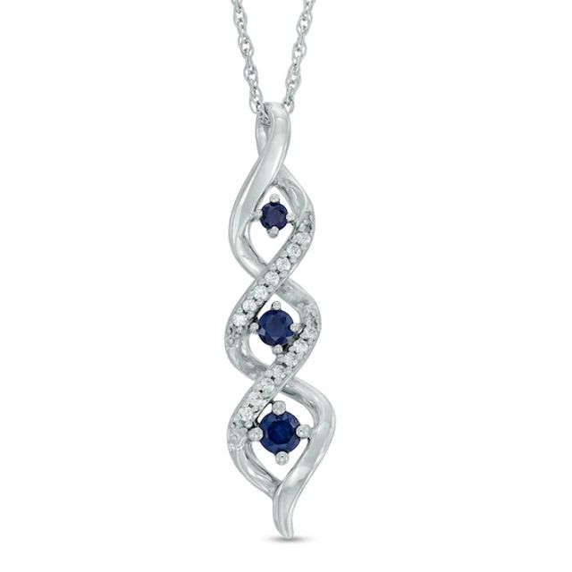 Lab-Created Blue Sapphire and Diamond Accent Three Stone Pendant in Sterling Silver