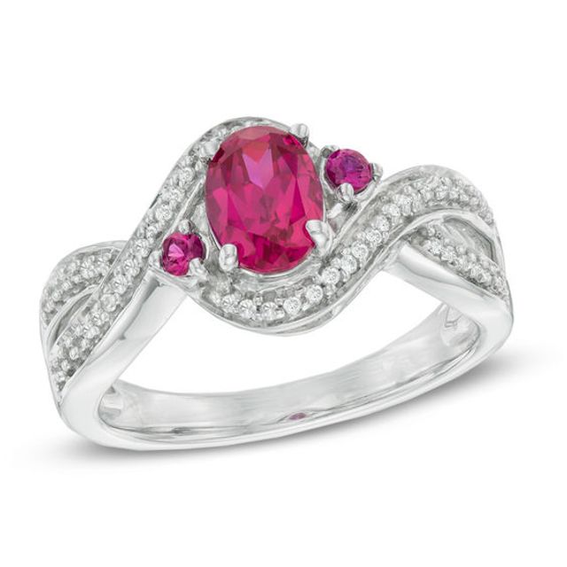 Oval Lab-Created Ruby and 1/6 CT. T.w. Diamond Swirl Ring in Sterling Silver