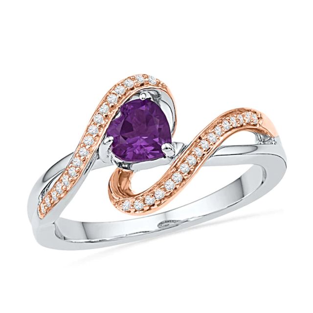 5.0mm Heart-Shaped Amethyst and 1/10 CT. T.w. Diamond Ring in Sterling Silver and 10K Rose Gold