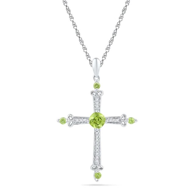 4.5mm Cushion-Cut Peridot and Diamond Accent Cross Pendant in 10K White Gold